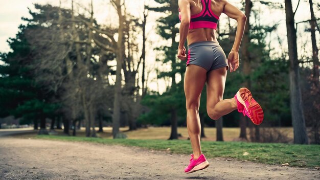 Photo rear cropped shot of athletic legs of woman jogger wearing pink running shoes during jogging exerci