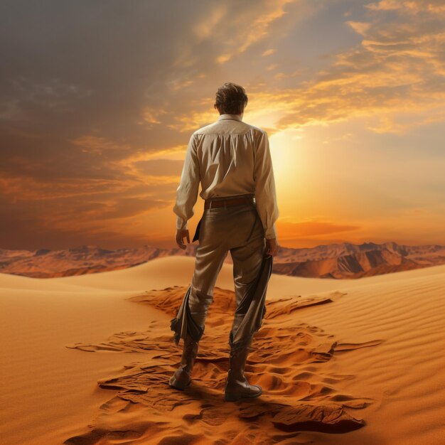 Photo rear shot of a man stranded in sunny desert