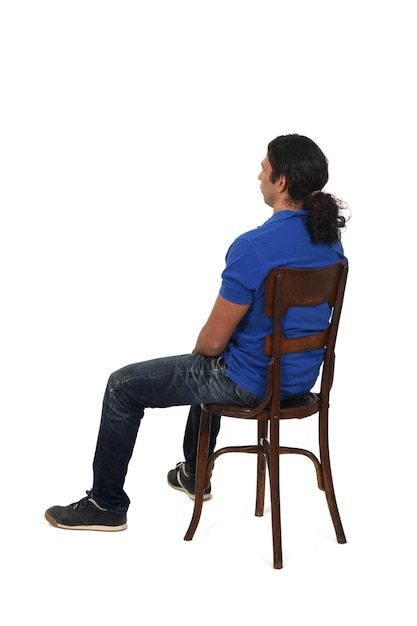 Rear and side view of a man with ponytail on white background
