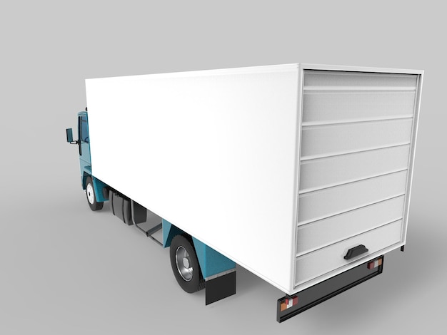 Rear view 3d illustration of an empty light commercial truck\
with back doors open isolated on white background