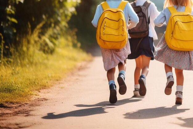 Rear view of adorable schoolchildren running to school bus