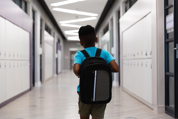 学校の廊下を歩くバックパックを背負ったアフリカ系アメリカ人の小学生の後ろの景色
