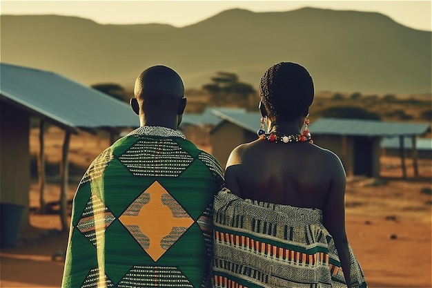 Rear view of african couple in traditional clothes front solar panels in Africa village Generative AI