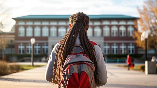 Photo rear view of an african schoolgirl with dreadlocks against the backdrop of the school