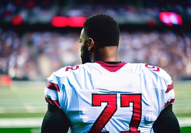 Rear view of American football player standing against stadium Generative AI