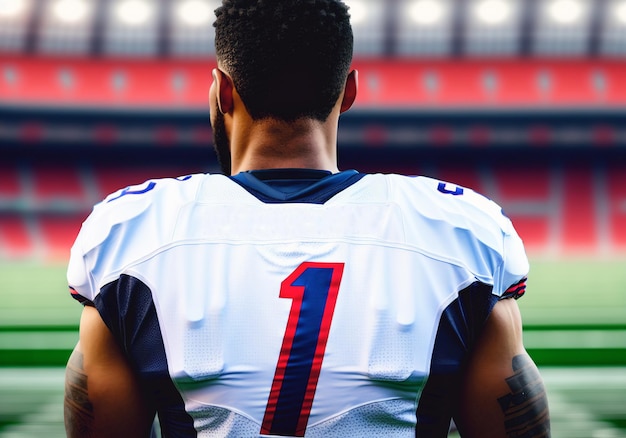 Rear view of American football player standing against stadium Generative AI