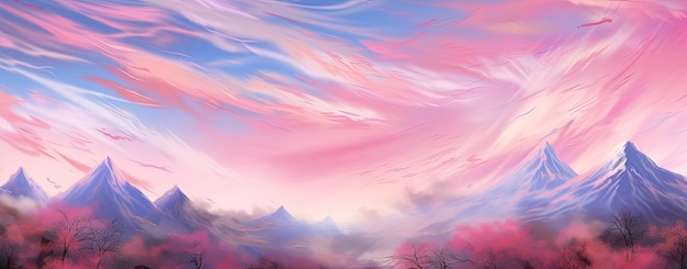 Photo rear view of anime style girl on pink blue mountines background