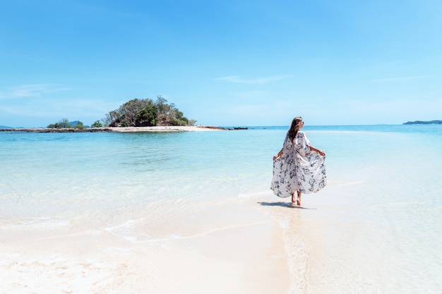 Rear view: Attractive woman in a long flying dress walks along the seashore.