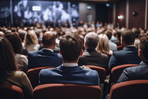 Rear view of an audience in a conference hall listening to a business speaker