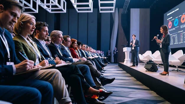 Photo rear view of audience listening speakers on the stage in the conference hall