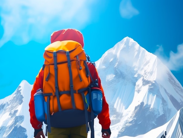 巨大なバックパックの後ろに隠れたバックパッカーの後姿 晴れた日に雪の山の前に立つ登山者 ローアングルビュー 生成 AI