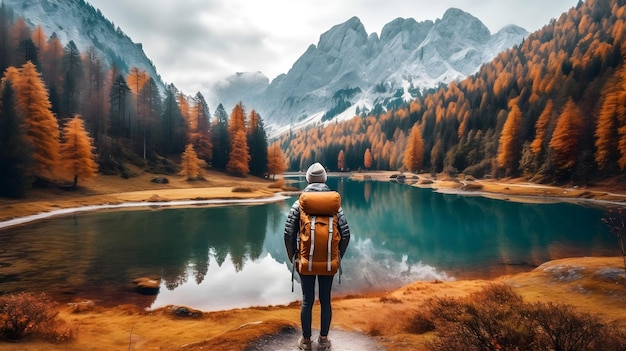 rear view of a backpacker man in landscape with lake and mountains