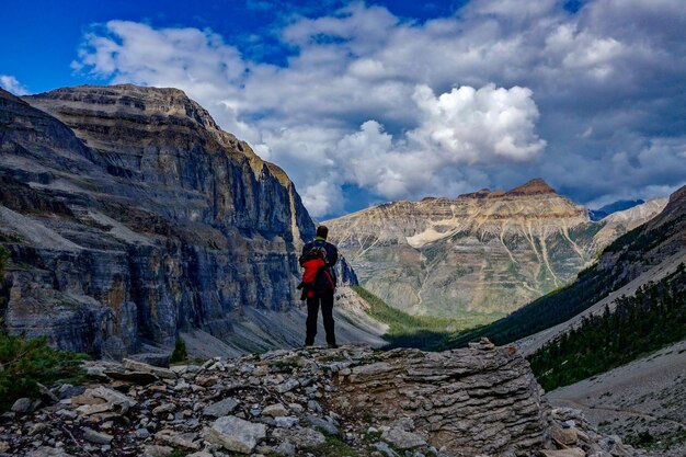 Rear view of backpacker standing on mountain