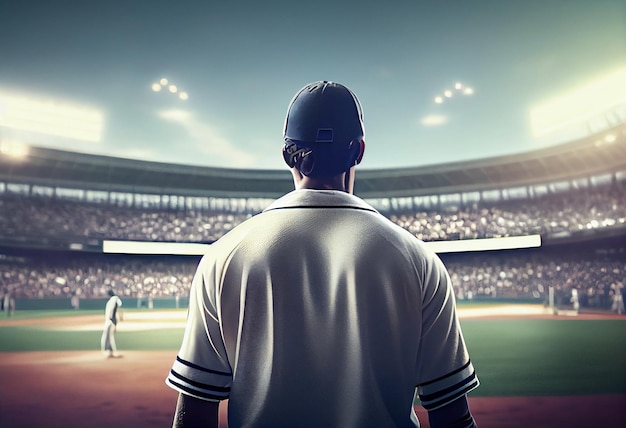 Rear view of baseball player standing back to camera in baseball stadiumgenerative ai