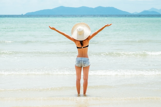 Rear view of a beautiful brunette young girl with raised hands, looking at ocean. Freedom concept