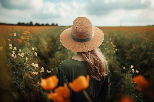 자연의 자유와 휴식 속에서 주황색 꽃밭에서 녹색 드레스와 모자를 쓴 아름다운 젊은 여성의 뒷모습 Generative AI