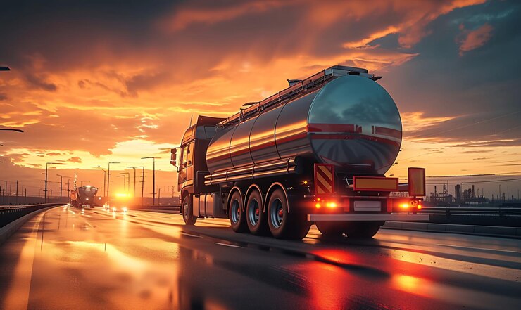 Rear view of big metal fuel tanker truck in motion shipping fuel to oil refinery against sunset sky