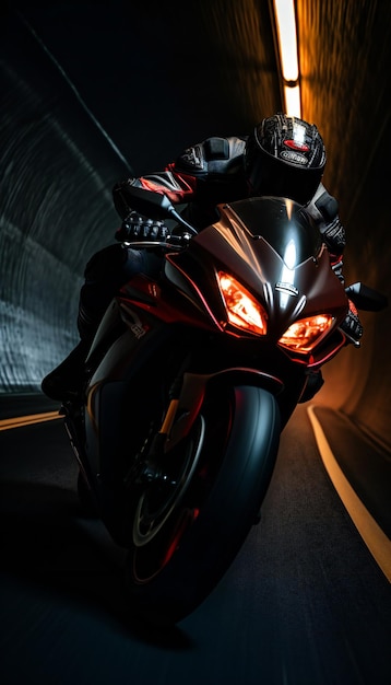 Photo rear view of a black sport motorbike in a tunnel