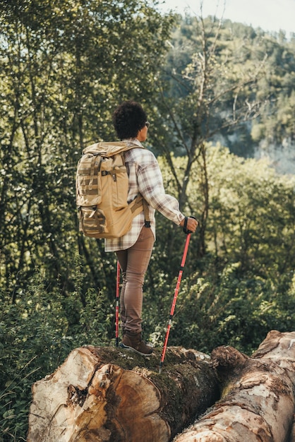 Rear view of a black woman with backpack and trekking poles hiking in mountains.