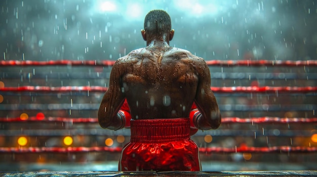 Rear view of a boxer sitting on the edge of a boxing ring in the rain