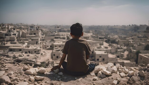 Photo rear view of a boy sitting in the middle of the ruins of an ancient city