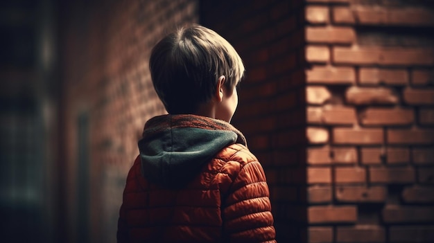 Вид сзади на мальчика, стоящего перед кирпичной стеной Генеративный Ай