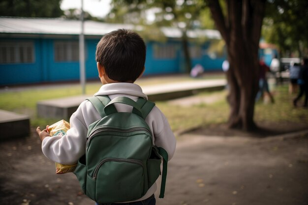 Rear view of boy with backpack walking