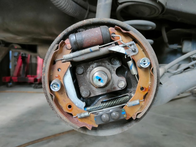 Rear view of the brake system on a car that has been opened for service