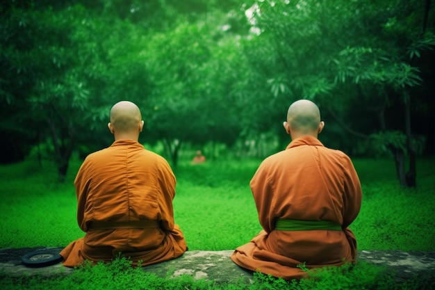 rear view of Buddhist monks performing zen in the fresh green