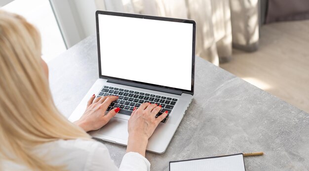 Rear view of business woman hands busy using laptop at office desk, with copyspace, against white wall