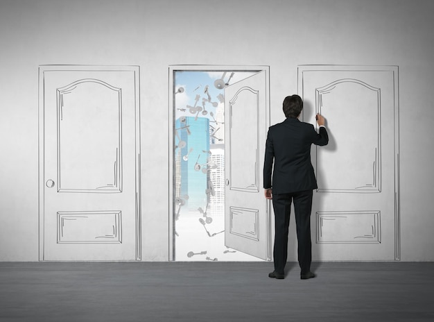 rear view of a businessman in a black suit drawing a door on a white wall. one door is open and leading to a city. key rain. 3d rendering. mock up