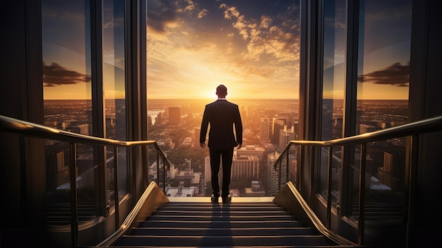 Rear view of a businessman climbing stairs to get to a large city