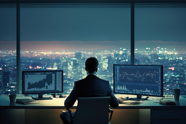 Rear view of a businessman sitting in a modern office and looking at the night city Generative AI