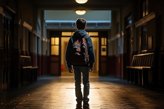 Rear view of a businessman with a briefcase walking in a corridor Rear view of a schoolboy walking down the school hallway AI Generated