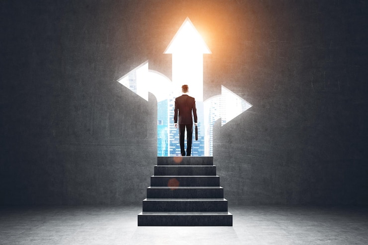 Photo rear view of a businessman with a suitcase standing on the stairs near a three arrow opening in a wall choosing his way. toned image