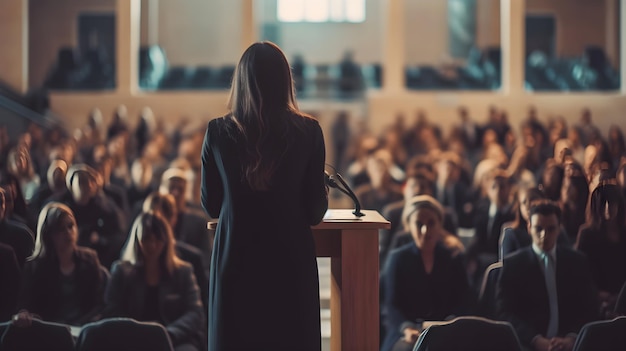 Rear view of businesswoman speaking in conference audience