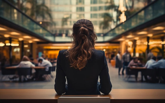 Rear View of Businesswoman Utilizing Laptop Generative AI