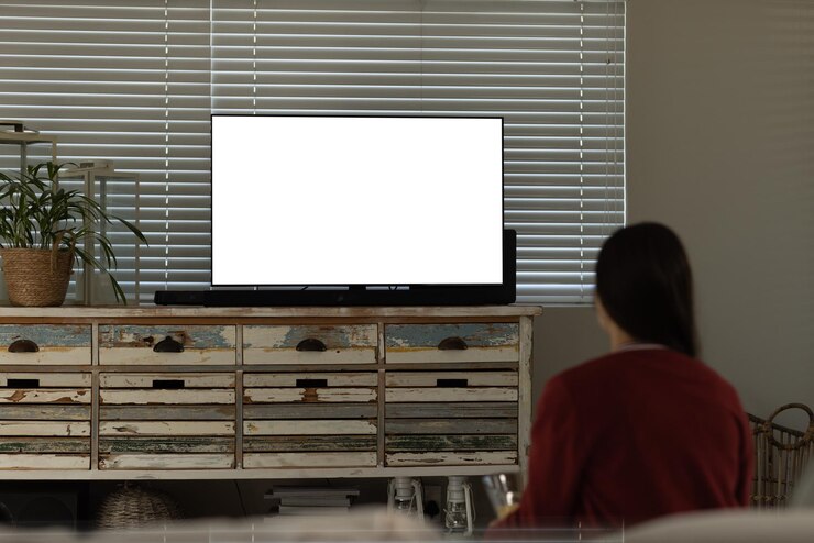 Photo 自宅でリラックスしながらテレビを見ている白人の若い女性の後ろの景色,コピースペース. 変更されていない,ライフスタイル,窓のブラインドと技術コンセプト.