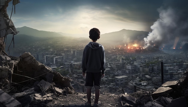 Rear view child looking at buildings and cityscape destroyed in the earthquake