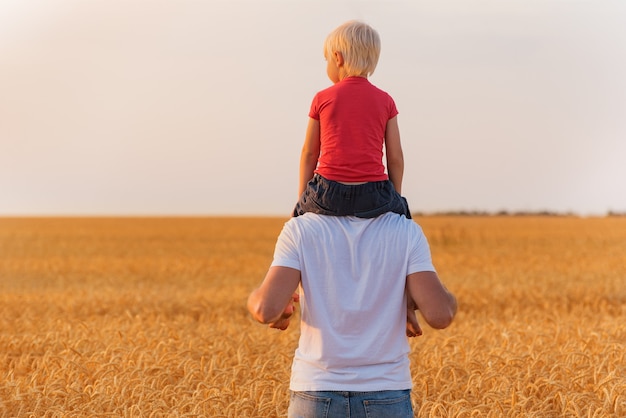 Rear view of child sitting on fathers shoulders.