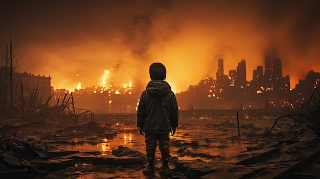 Rear view of a child standing in front of a burning city