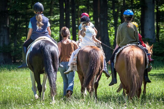 Foto vista posteriore di bambini che cavalcano cavalli su un campo erboso