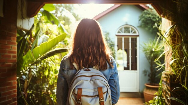 rear view of college student carrying backpack back home using door with key young office lady from work unlock the house to enter the room two plants next to the front door in a white wooden house