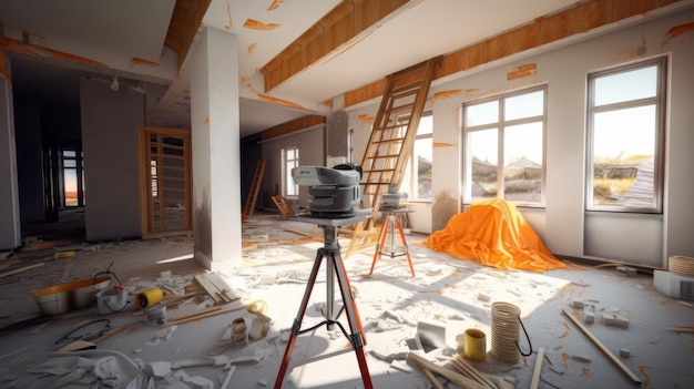 Rear view of a constructor building the house interior view