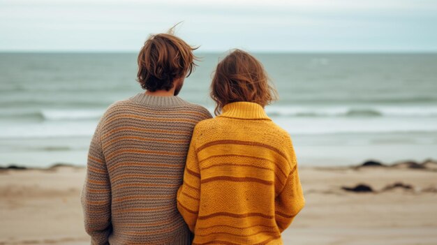 ビーチに立って海を見つめている編み物のセーターを着たカップルの後ろの景色