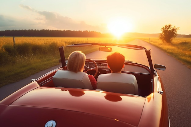 Foto vista posteriore della coppia in viaggio guida auto convertibile classica verso il tramonto