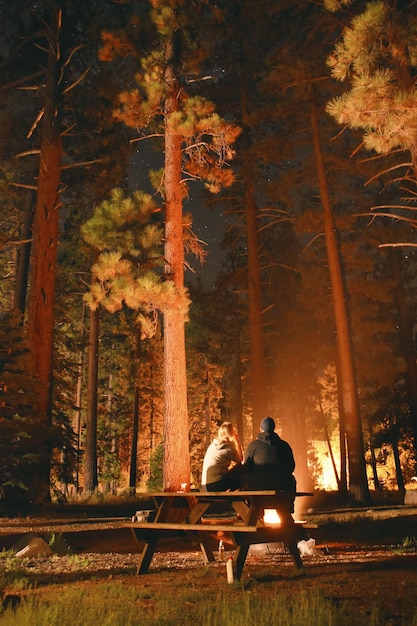 Photo rear view of couple sitting on picnic table at forest