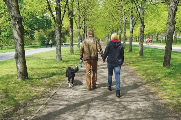 Foto vista posteriore di una coppia che cammina con il cane sul sentiero nel parco