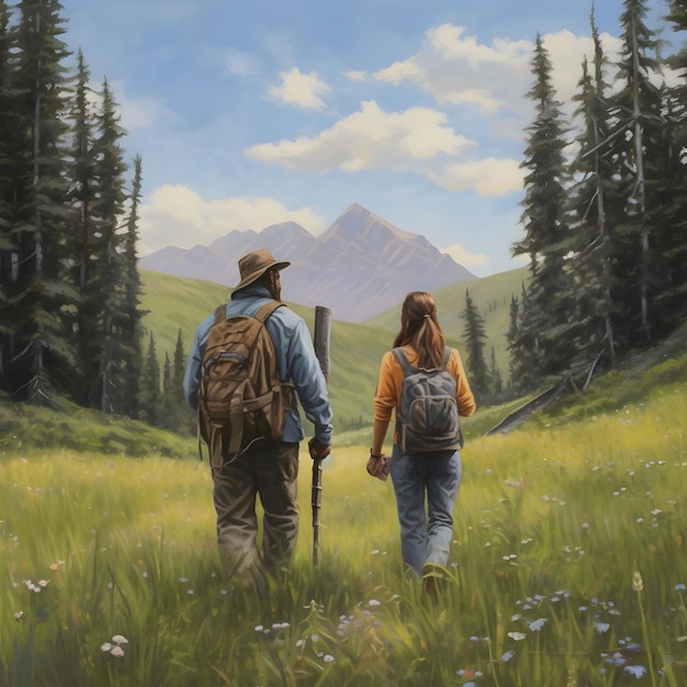 Rear view of a couple with backpacks walking in the mountains
