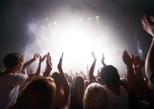 Photo rear-view of a crowd cheering at a concert- this concert was created for the sole purpose of this photo shoot, featuring 300 models and 3 live bands. all people in this shoot are model released.